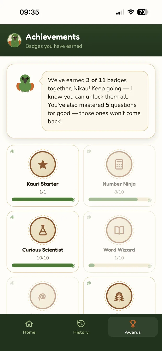 The achievements screen, showing badges earned and badges still to earn.
