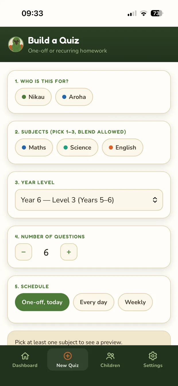 Building a quiz: choosing subjects, the number of questions, and how often it repeats.