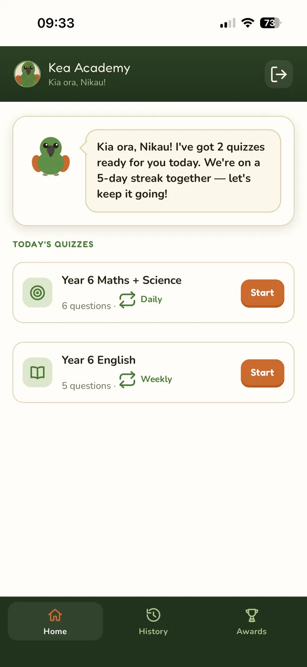 A child's home screen: Pip the kea greeting them, with today's quizzes listed below.