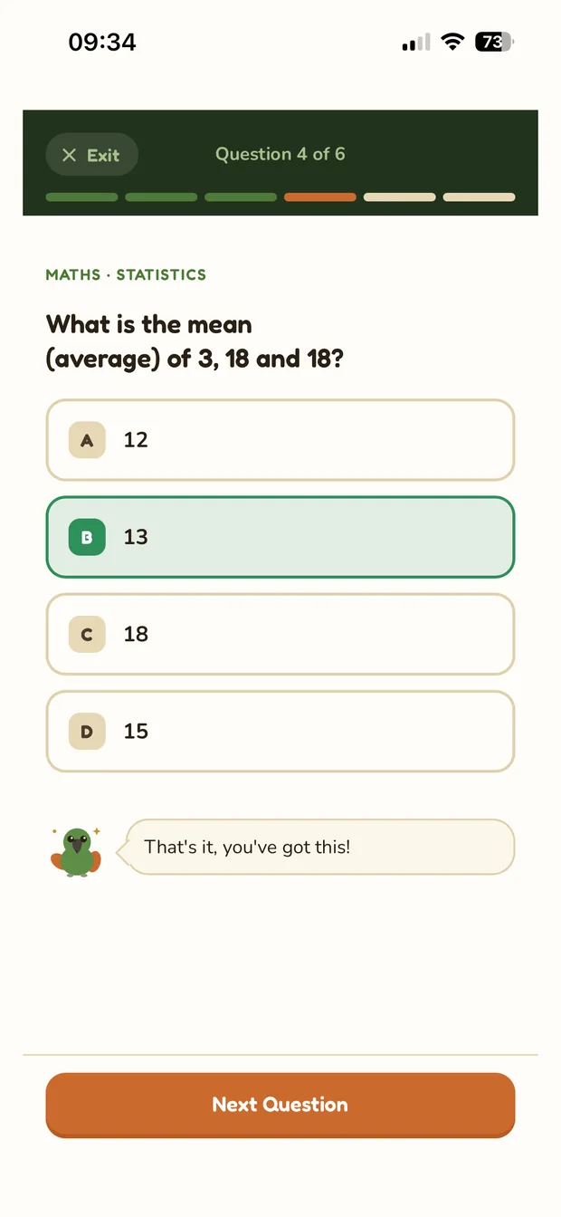 A multiple-choice maths question with four large answer buttons.