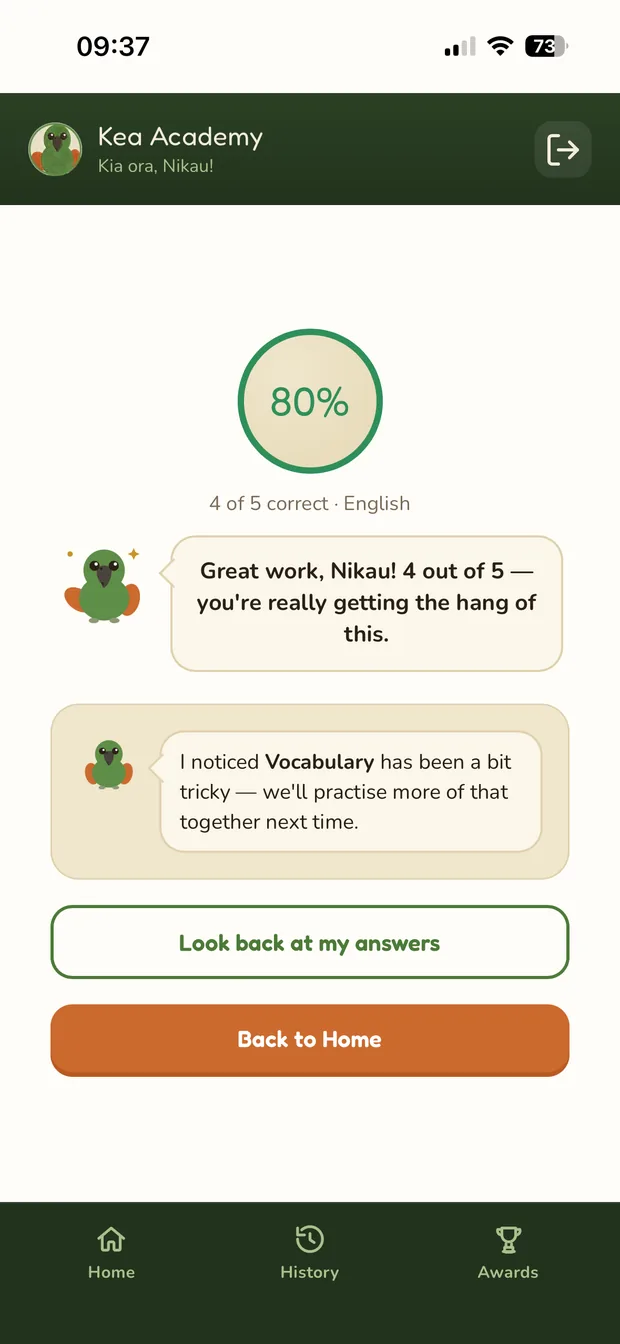 A finished quiz showing the score and Pip the kea's encouragement.